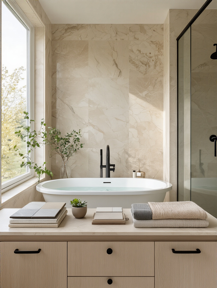 Portrait of a modern bathroom planning scene with soft daylight and no people