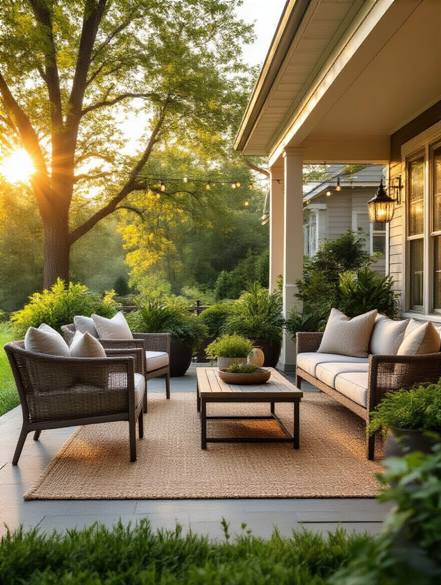 Vertical portrait of a welcoming front porch with seating, planters, and ambient lighting