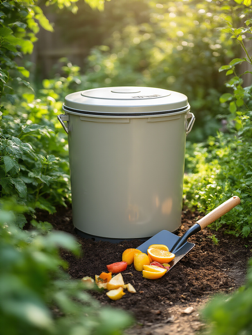 Small composting bin in a backyard garden, with kitchen scraps like fruit peels, ready to be added to create nutrient-rich compost.