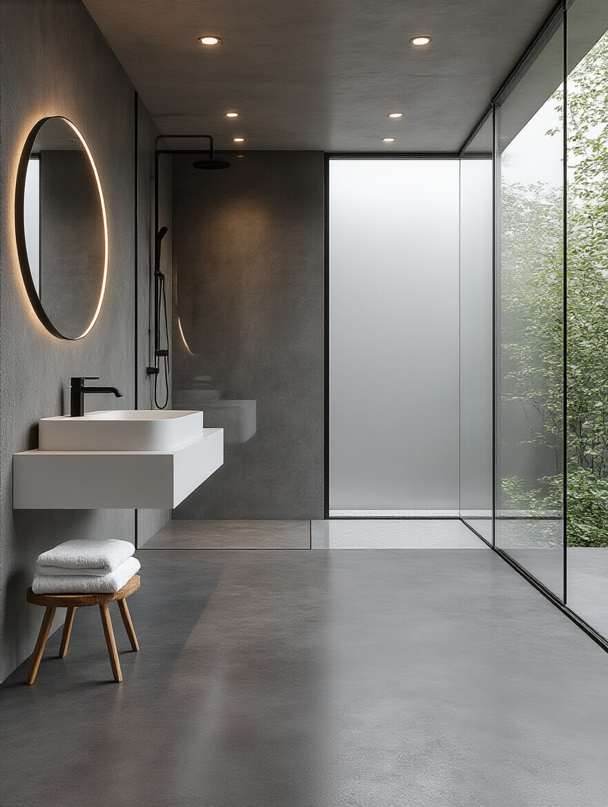 Polished charcoal-gray concrete floor in a modern industrial bathroom with a curbless shower, wall-mounted sink, and circular mirror.