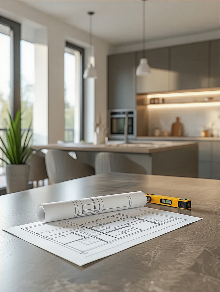 Interior photo showing a wall between a kitchen and dining area, with architectural plans subtly hinting at future open concept wall removal.