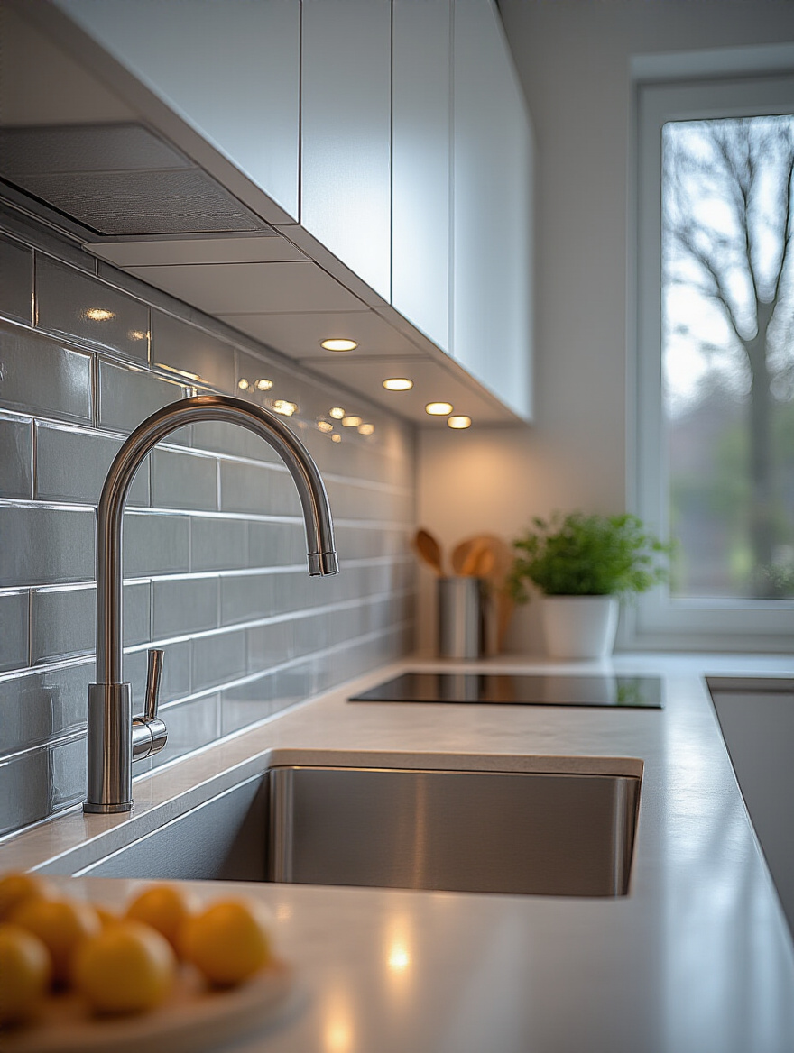 Contemporary kitchen backsplash with flawlessly executed, sleek metallic edge finishing, highlighting a clean and professional tile installation.