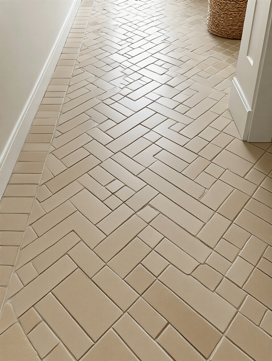 A modern bathroom floor showcasing beige rectangular tiles in a chevron pattern, designed to add visual interest and depth.