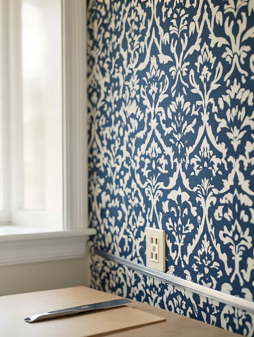 Portrait of a crisp wallpaper seam trimmed around an outlet on a bedroom accent wall