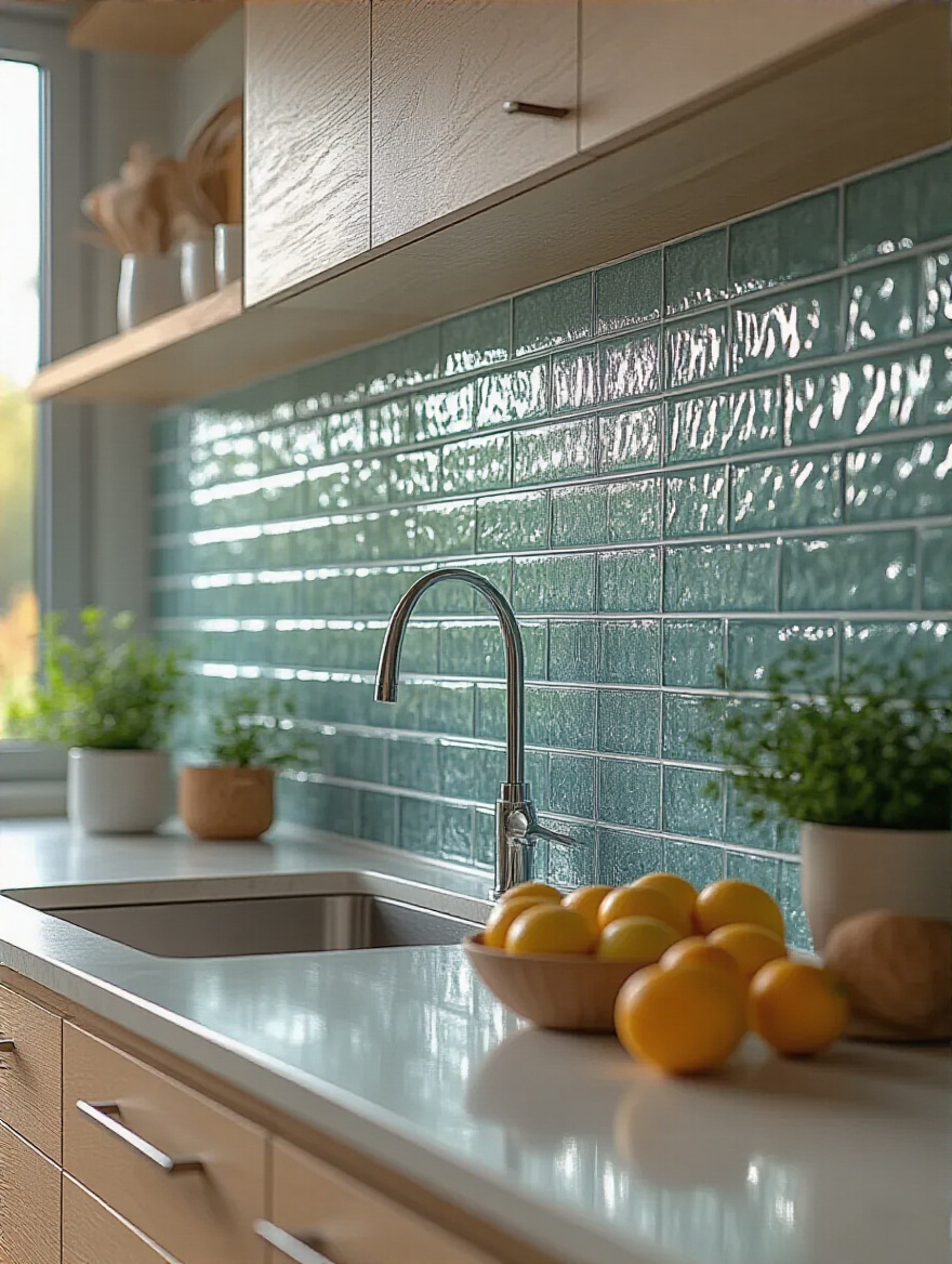 A contemporary kitchen backsplash made of shimmering glass tiles, reflecting ambient light and creating visual depth above a sleek countertop.