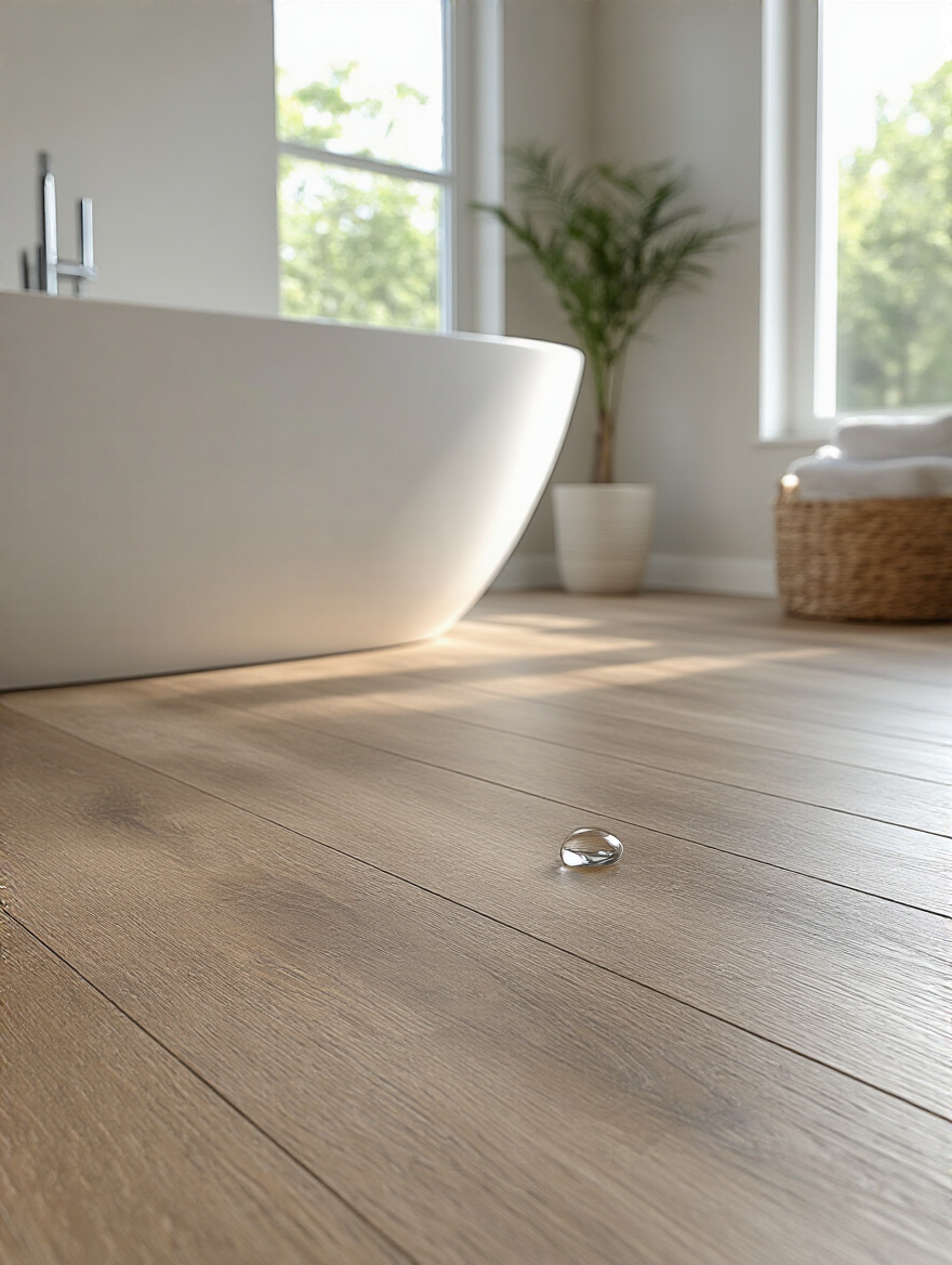 Modern bathroom with durable luxury vinyl plank (LVP) flooring replicating a weathered oak wood look, reflecting natural light.