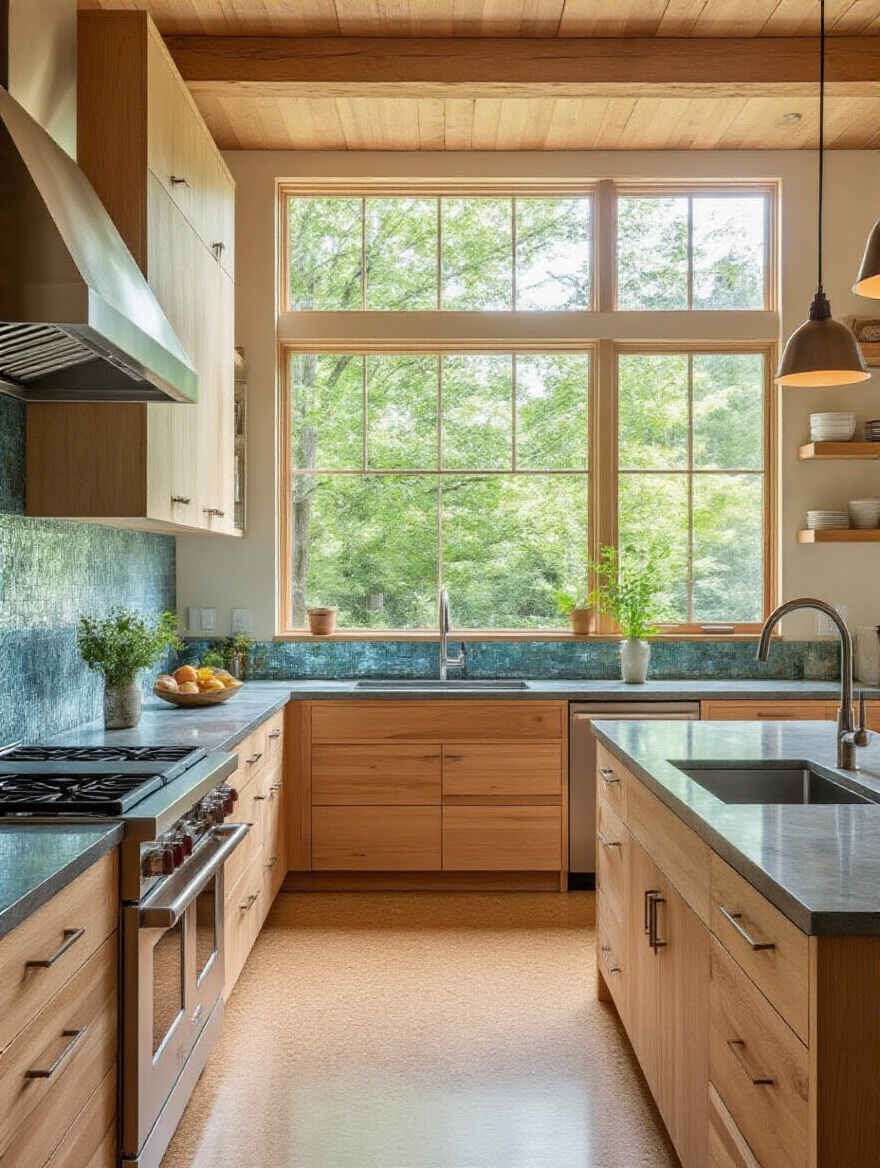 A modern kitchen interior featuring sustainable design with reclaimed wood cabinets, recycled glass countertops, and cork flooring, illuminated by natural light.