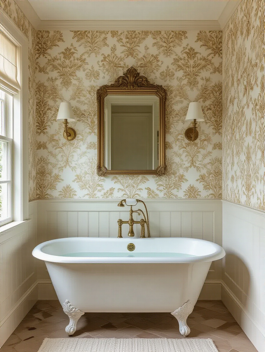 Portrait view of a vintage bathroom featuring a Damask wallpaper wall with antique brass fixtures