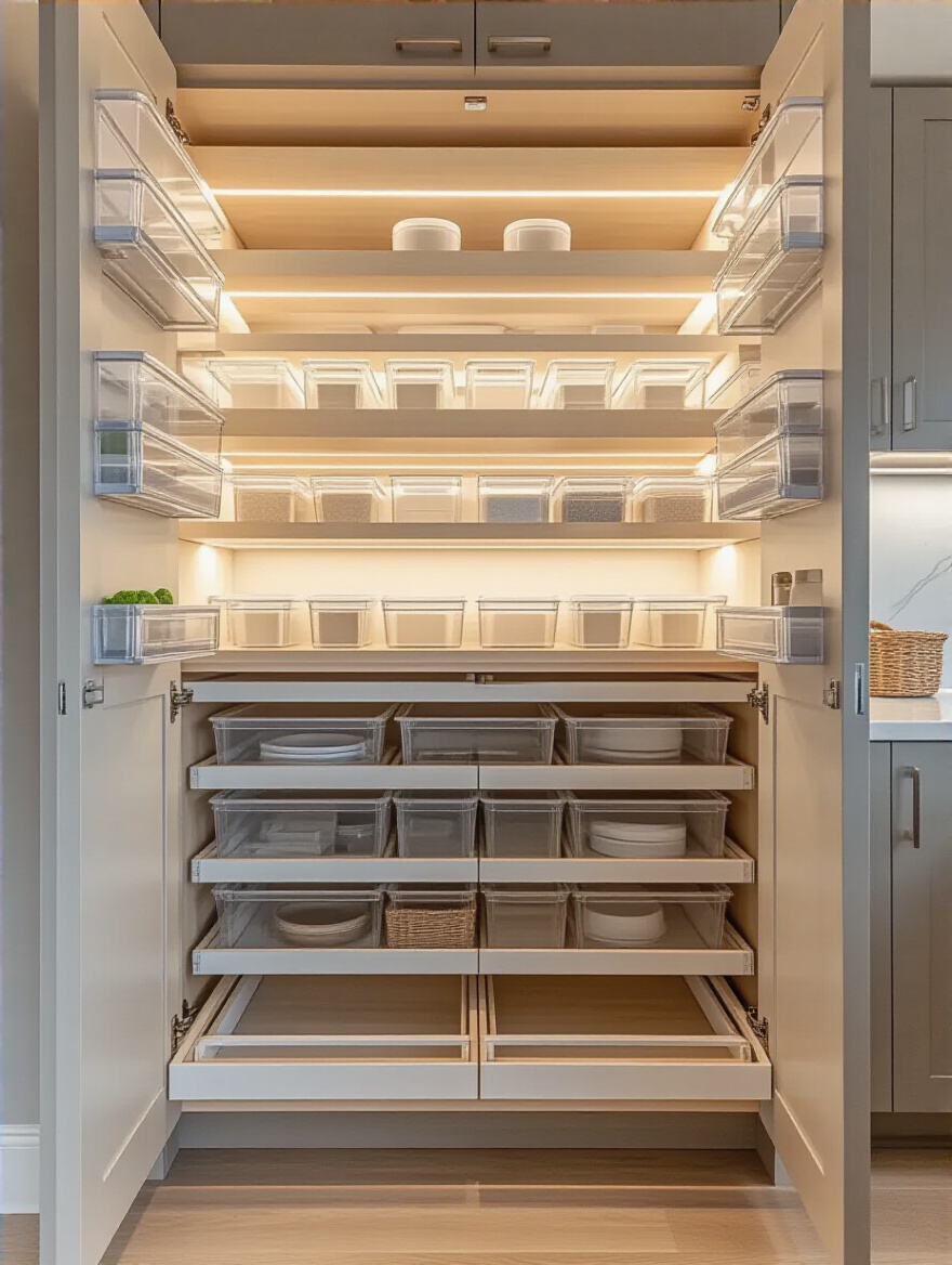 Open kitchen cabinet with adjustable shelving, modular clear containers, and designated empty 'buffer zone' space, showcasing flexible storage ready for future appliances or family growth in a modern kitchen.