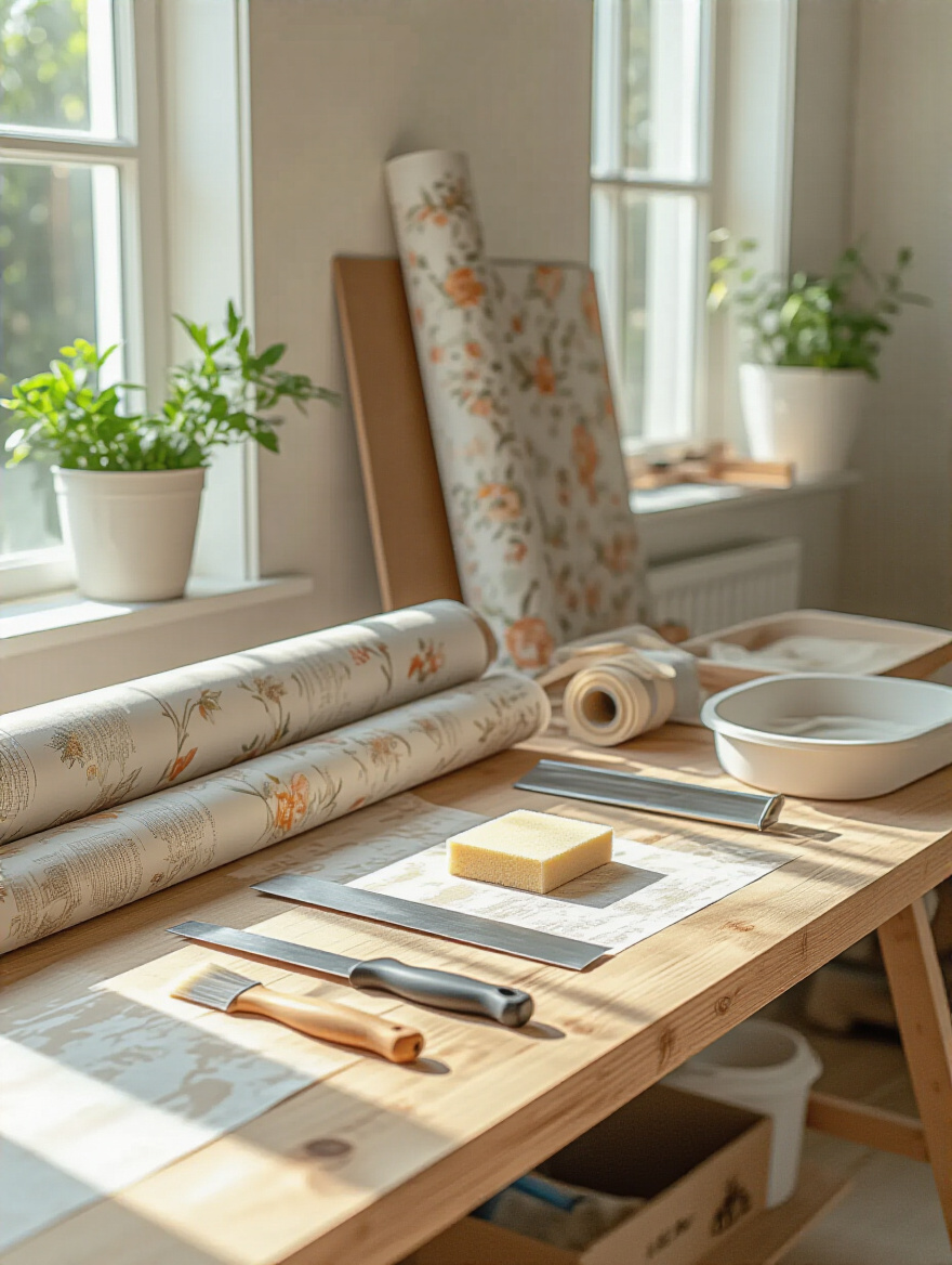 Tools neatly organized for wallpaper installation on a workbench