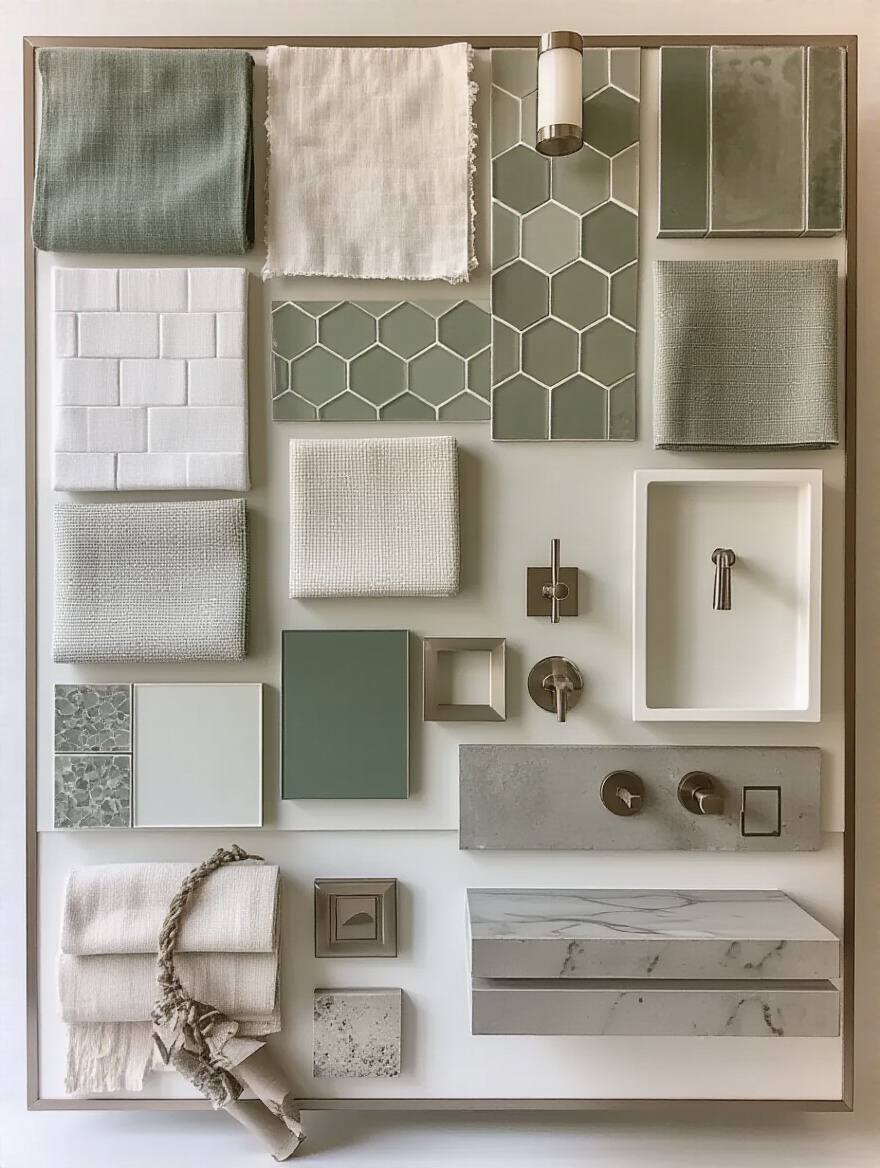 A visually inspiring bathroom mood board displaying fabric swatches, tile samples, paint chips, and images of fixtures, all arranged to visualize an ideal spa-like bathroom design.
