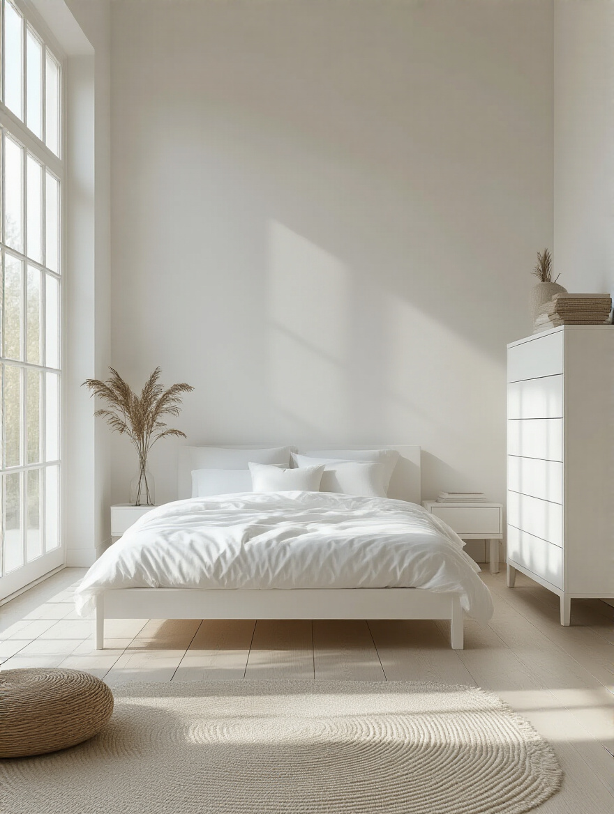 Minimalist white bedroom with a white platform bed and a tall, narrow white dresser, showcasing ample open space and an airy, uncluttered feel. Natural light fills the room.