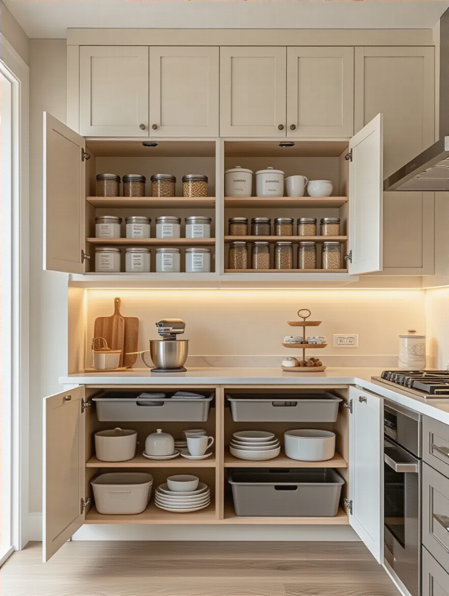 Organized kitchen cabinet with dedicated zones for baking, spices, and dishes