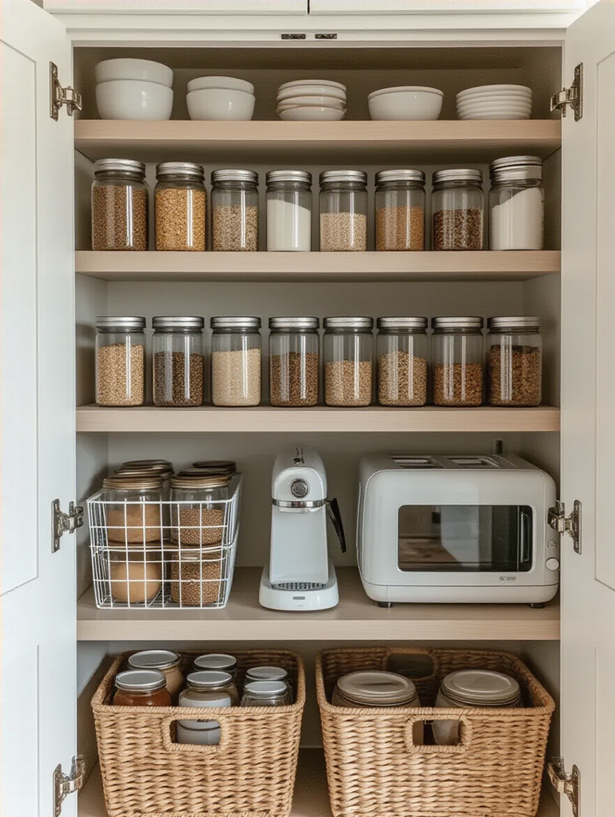 A perfectly organized kitchen cabinet featuring clear, labeled bins holding grouped baking supplies and spices on tiered shelves, demonstrating cohesive storage and kitchen cabinet organizers.