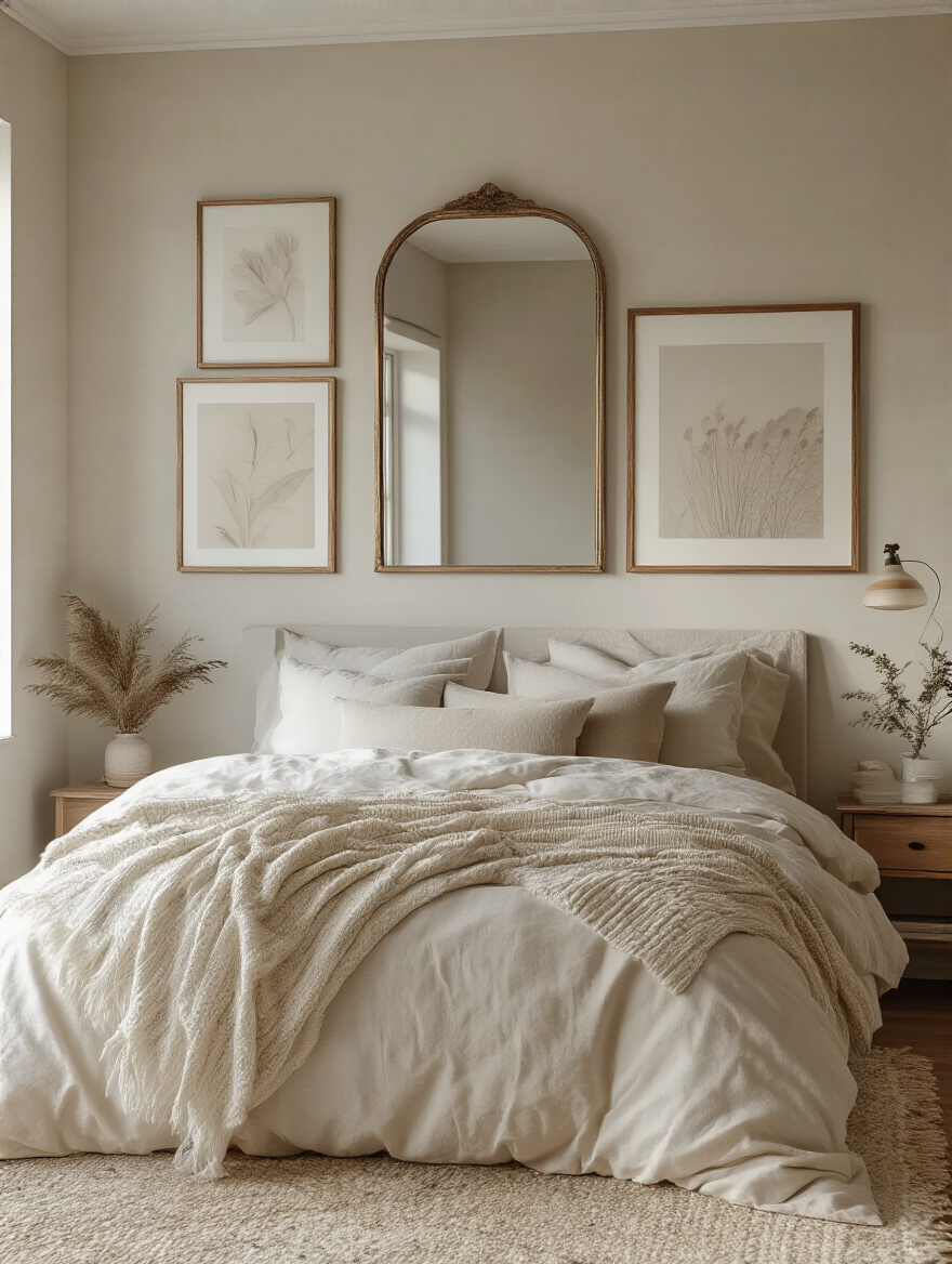 Cozy bedroom with wall art and a mirror catching natural light