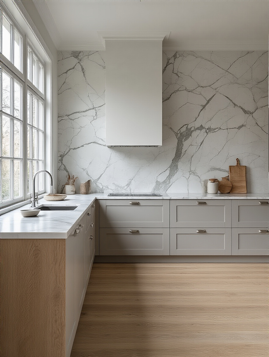 A modern Scandinavian-inspired kitchen interior showcasing a harmonized design with white marble countertops, light gray porcelain tile backsplash, and natural oak flooring, emphasizing cohesion and visual flow.
