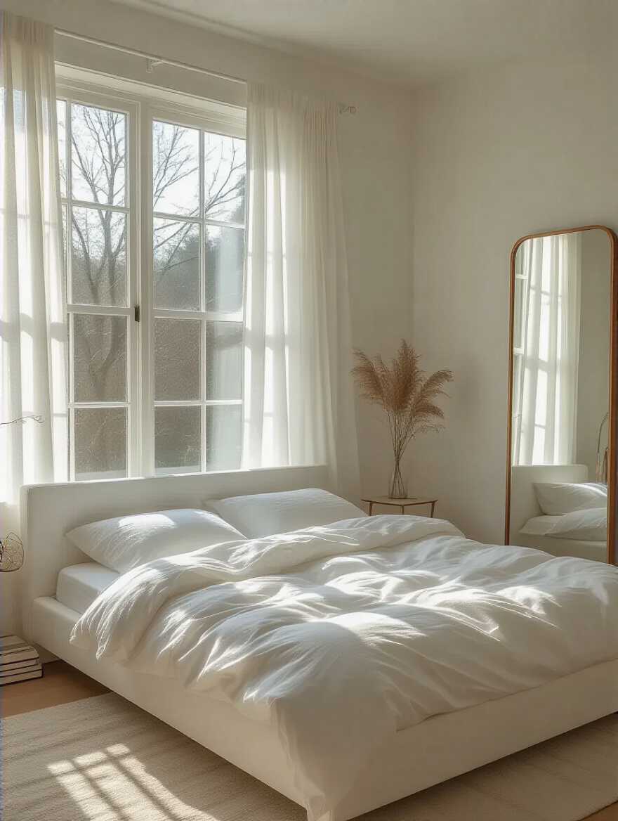 Serene white bedroom bathed in natural light with mirrors and sheer curtains