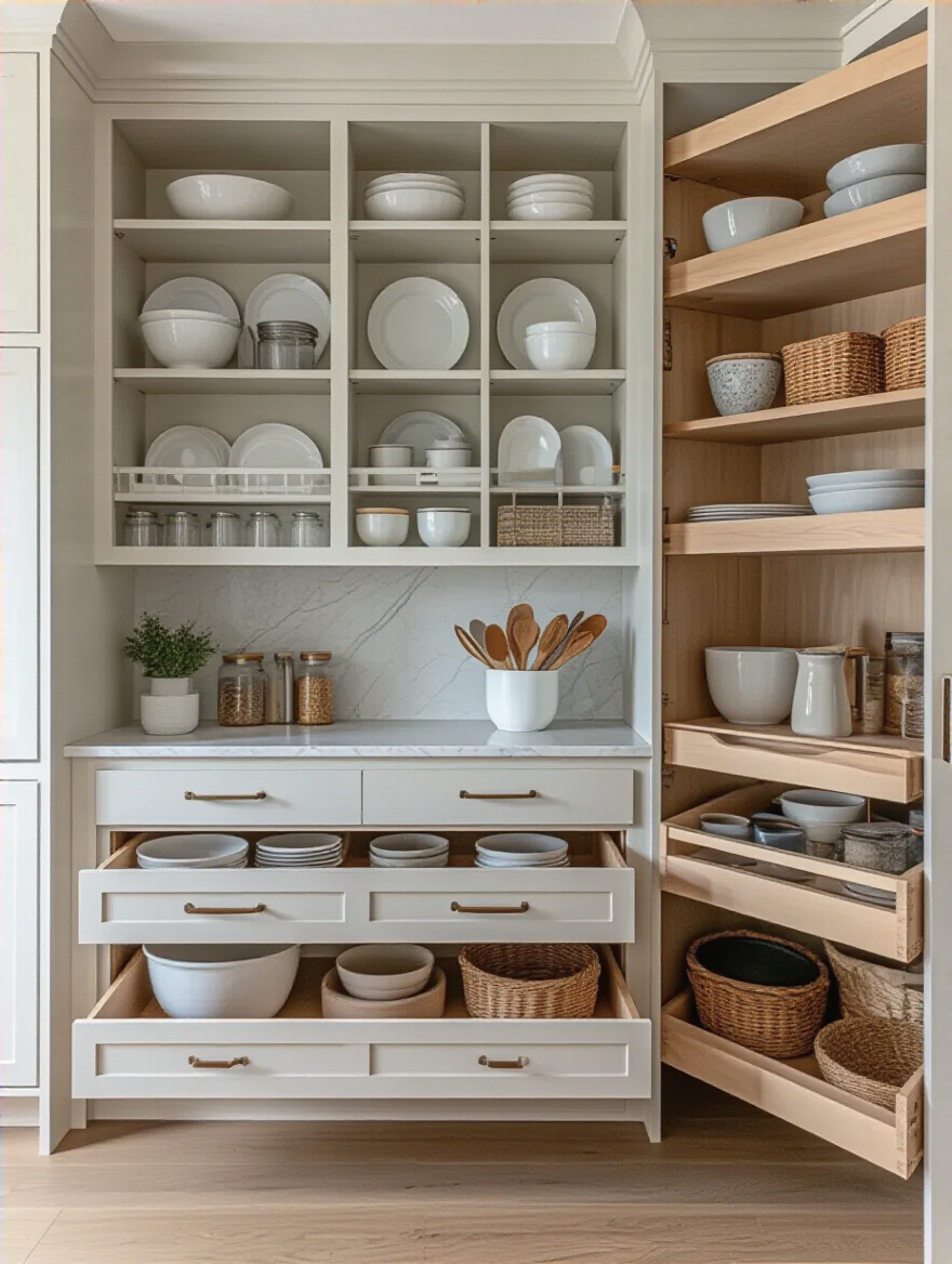 Image of different types of kitchen cabinets, including an upper cabinet, a lower cabinet, a pantry cabinet, and an open drawer, highlighting their unique storage characteristics and challenges.