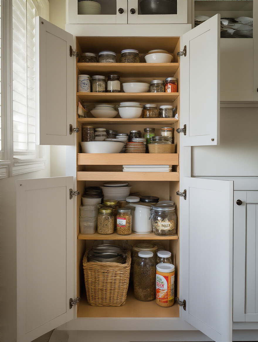 Vertical view of a cabinet interior showing problem areas and clutter in kitchen storage