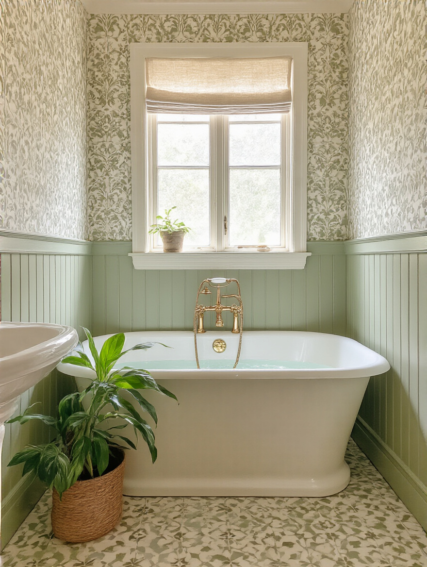 Portrait shot of a vintage bathroom corner highlighting moisture-resistant wallpaper materials