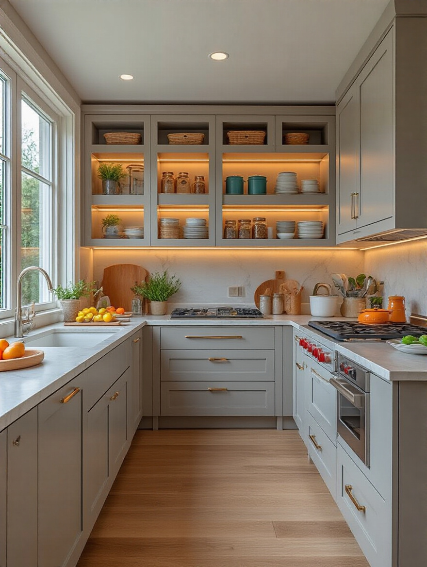 Organized kitchen cabinet zones in a modern kitchen
