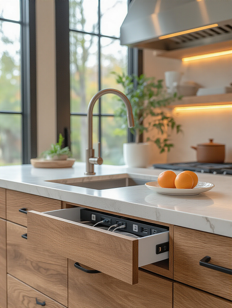 Portrait of a modern kitchen with a concealed charging station integrated into cabinetry.