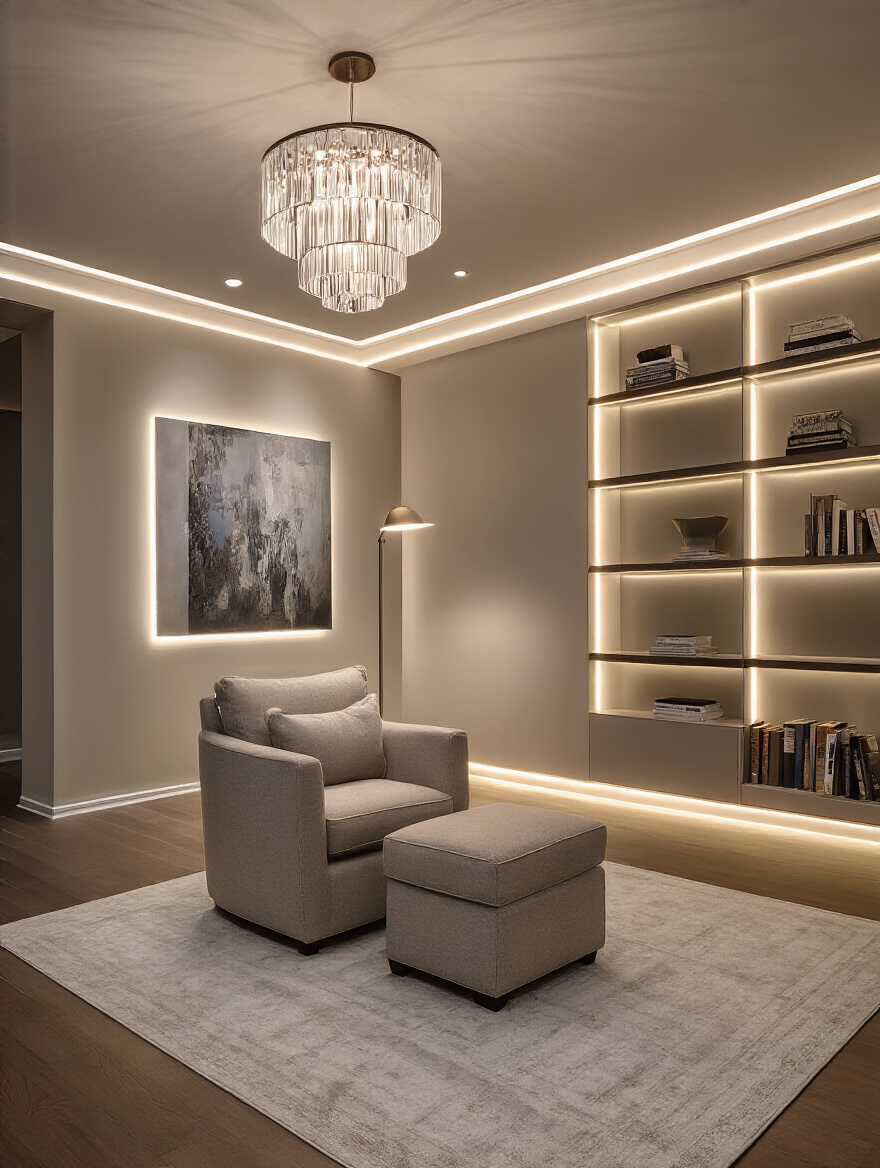 Living room with layered lighting showing ambient, task, and accent light sources. Modern interior design with cozy illumination and no people.