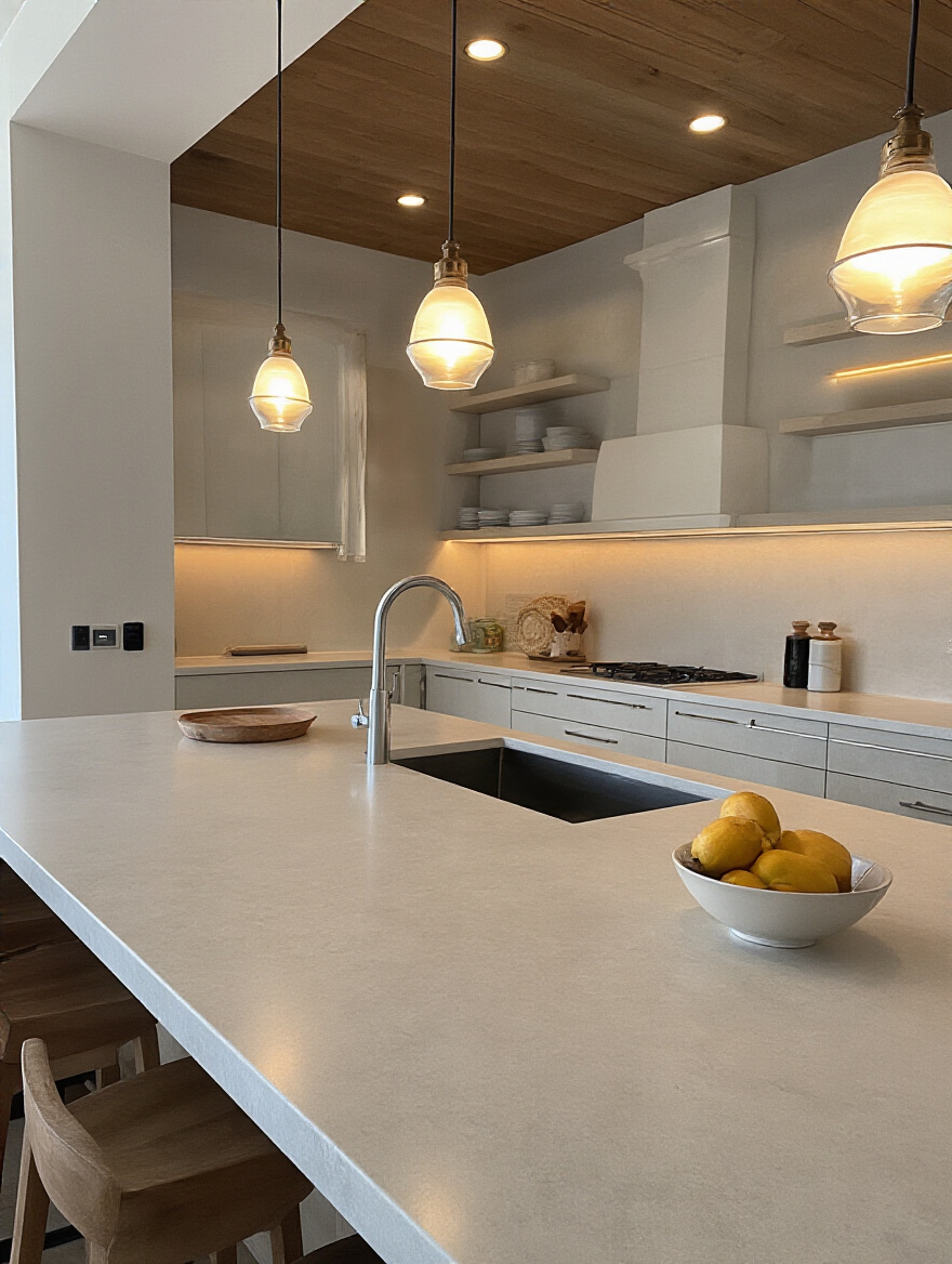 Portrait of a contemporary kitchen showing layered lighting with dimmers and task fixtures.
