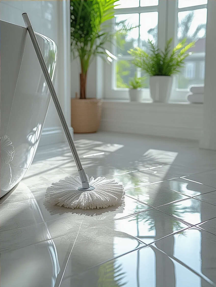 Portrait of a pristine bathroom floor with light grey porcelain tiles, gleaming cleanly, a silver microfiber mop leaning against a white wall. The image conveys cleanliness and the importance of regular bathroom floor cleaning routines.