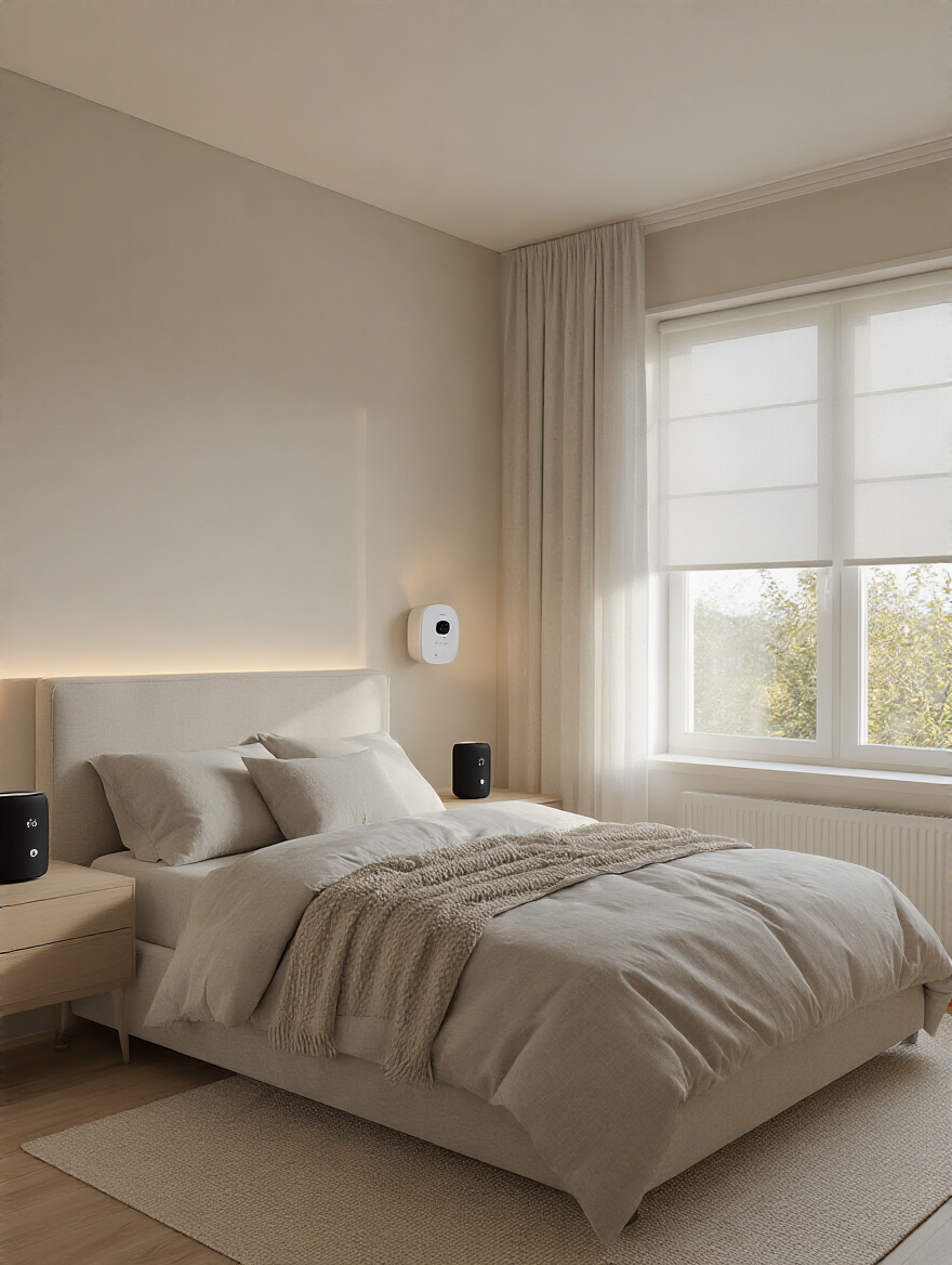 Bedroom with smart home technology for automated comfort control
