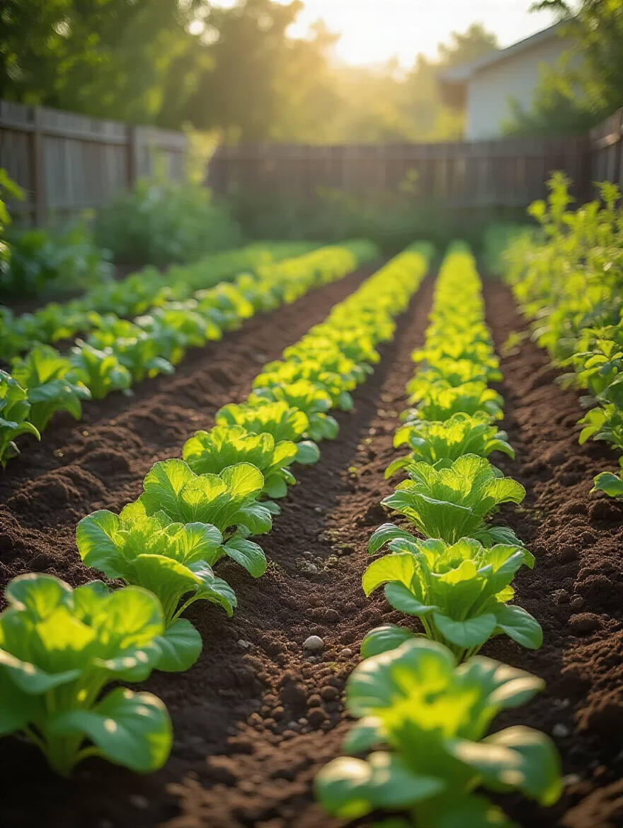 A vegetable garden bed showcasing various stages of plant growth, including young lettuce, maturing beans, and a prepped area for new seedlings, illustrating continuous harvest through succession planting.