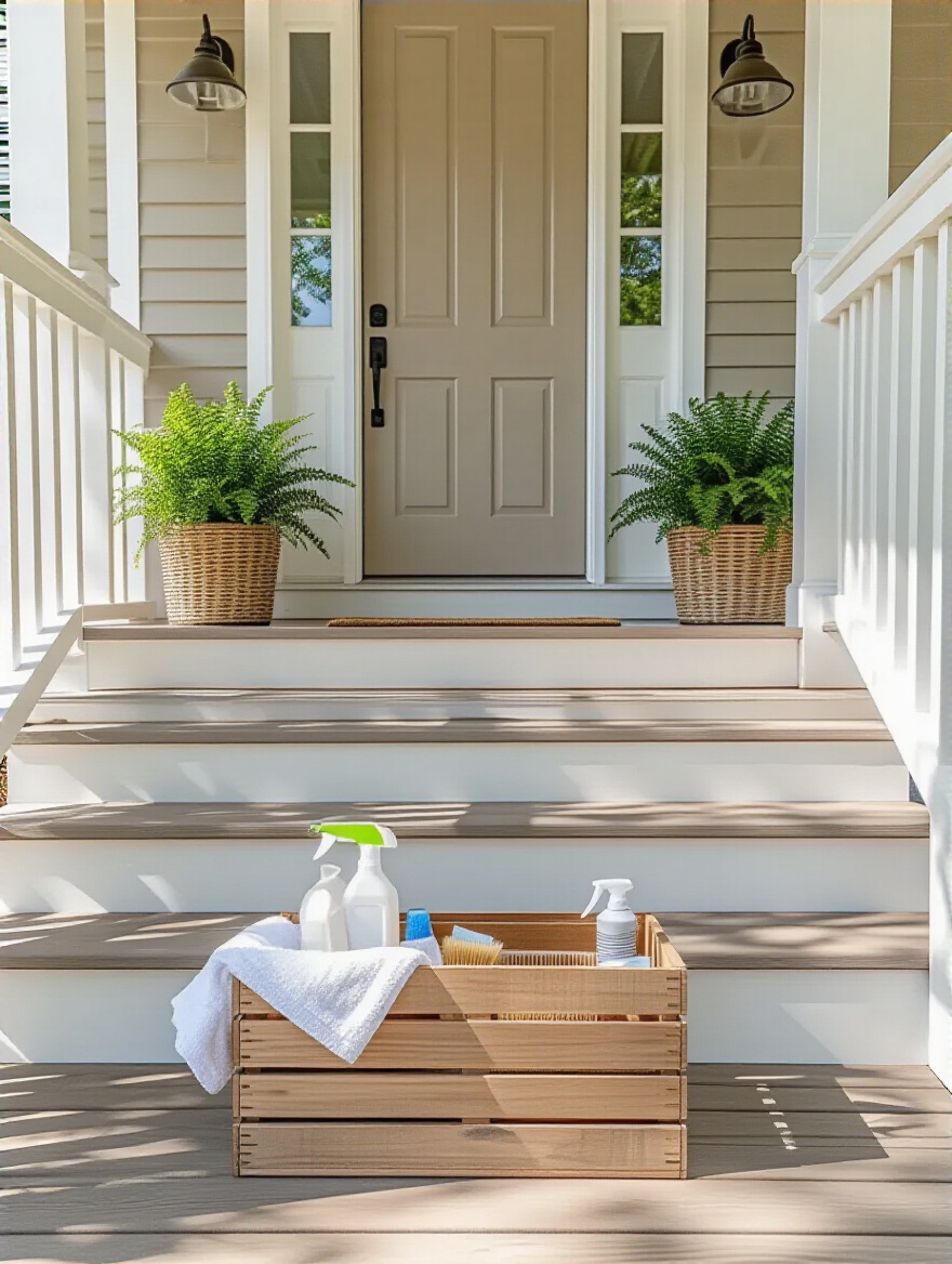 Portrait view of a neatly maintained front porch with a tidy cleaning kit and pristine railings.