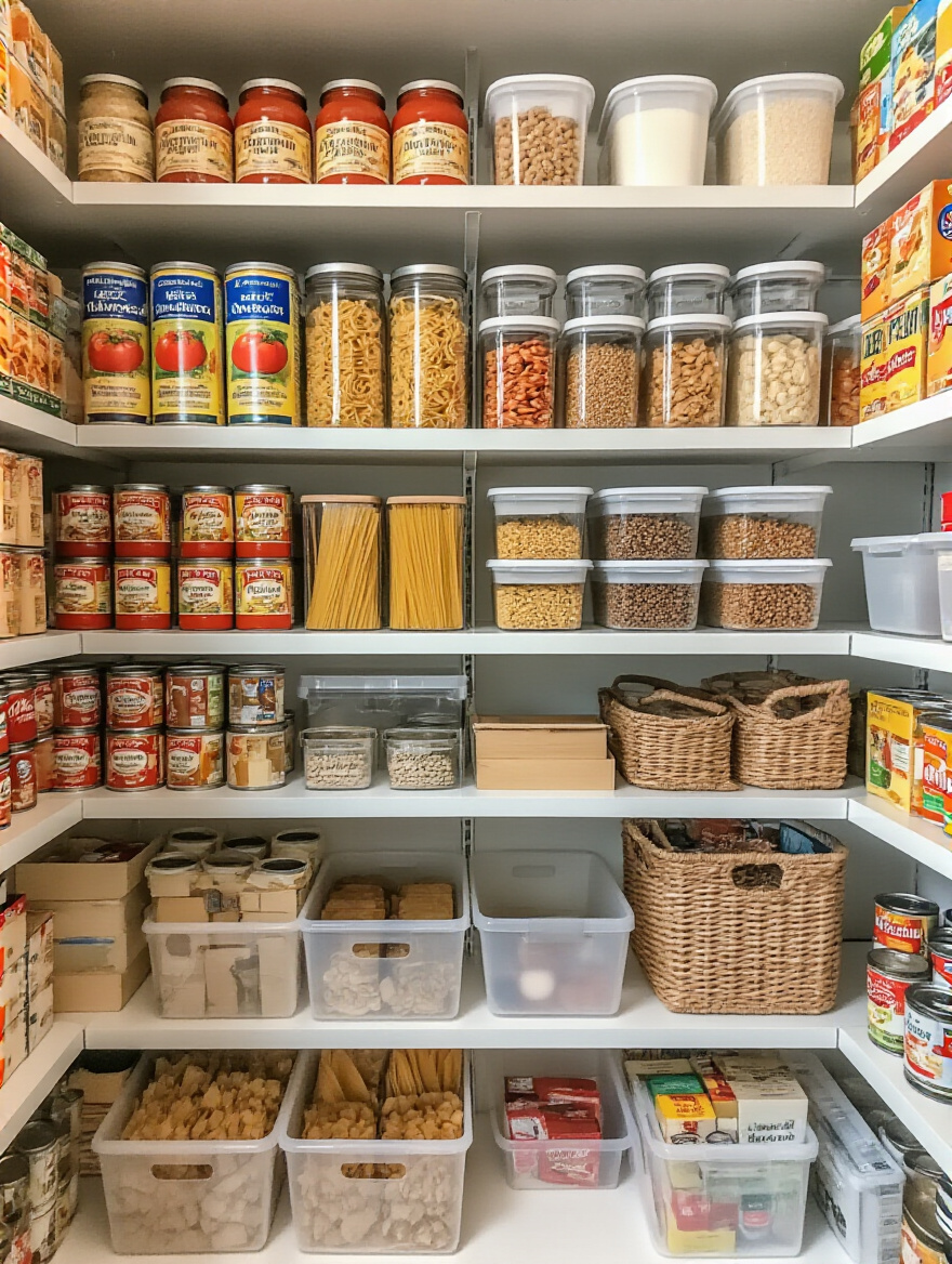 Organized pantry shelf with canned goods and dry foods arranged using FIFO system, clearly showing older items front-facing.
