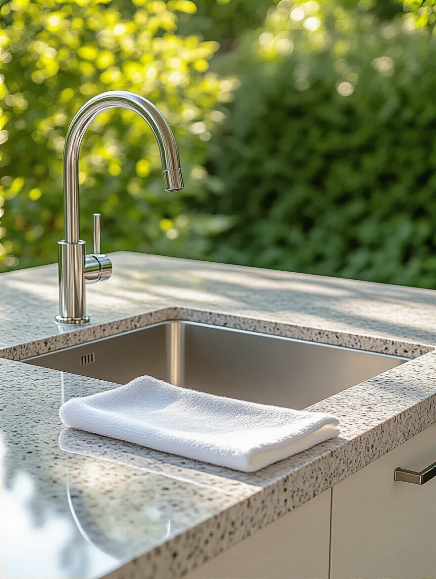 Close-up of a perfectly clean and gleaming outdoor kitchen countertop and sink, suggesting regular maintenance and a spotless 'Outdoor Kitchen Cleaning Schedule'.