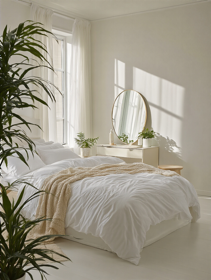 Portrait of a pristine white bedroom with tidy surfaces illustrating a simple cleaning routine