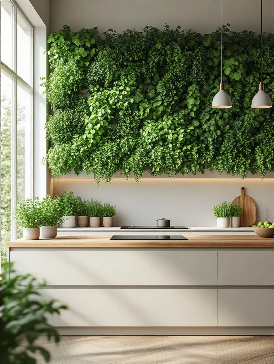 Portrait view of a modern biophilic kitchen featuring a vibrant living plant wall as a backsplash, a wooden island countertop, ample natural light from a large window, and elegant pendant lights, emphasizing a calming and natural connection.