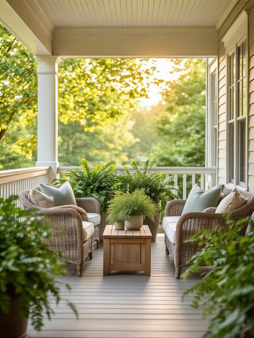 Vertical portrait of a front porch seating area with side tables