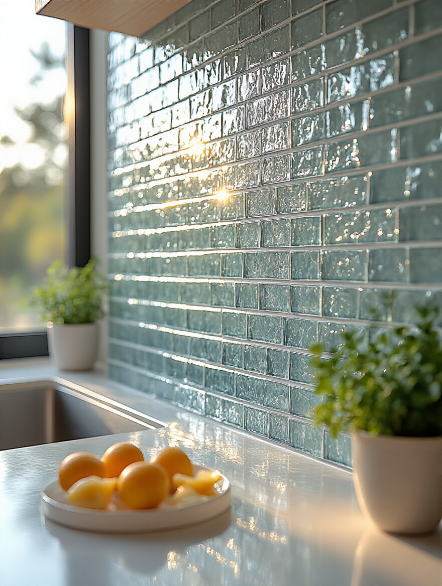 Contemporary kitchen with industrial chic metallic backsplash, featuring brushed stainless steel and brass accents, charcoal cabinetry, and light concrete countertops under natural light.