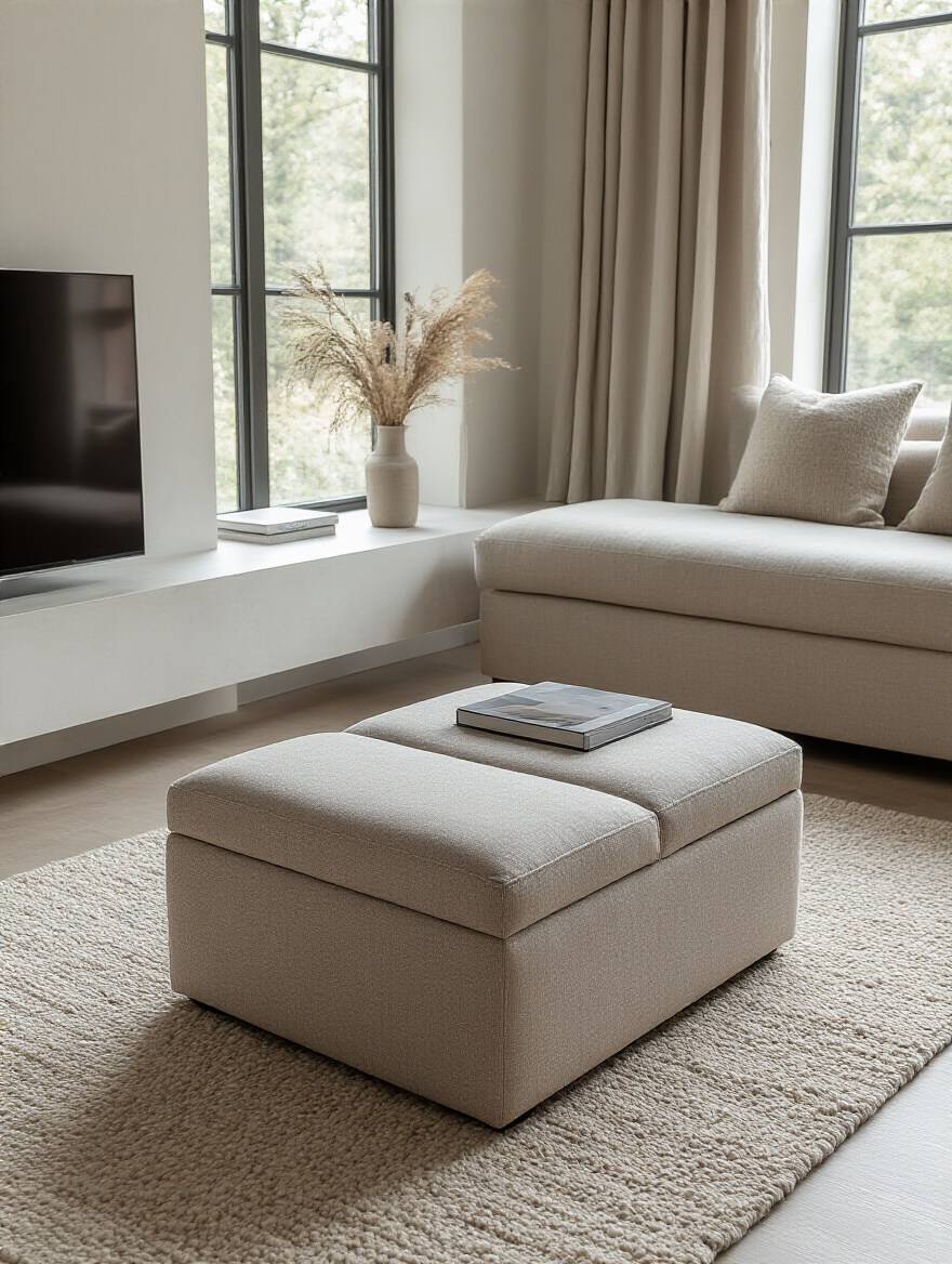 A stylish storage ottoman serving as a coffee table in a modern, efficiently designed living room, demonstrating the practical application of multifunctional furniture.