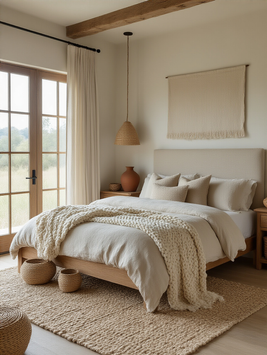 Cozy bedroom with natural materials like wood, wool, linen, and jute textures