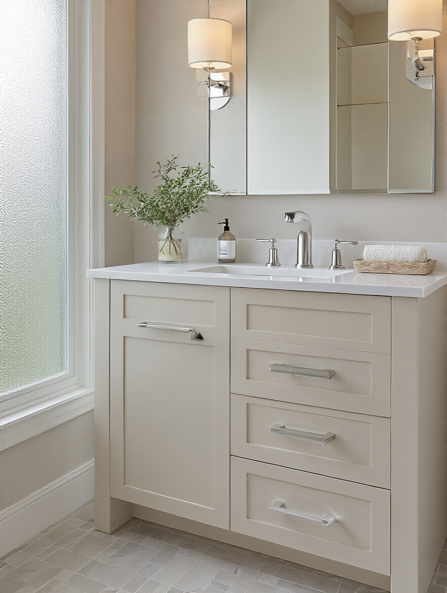 Portrait of a modern bathroom vanity with integrated storage and a clutter-free countertop