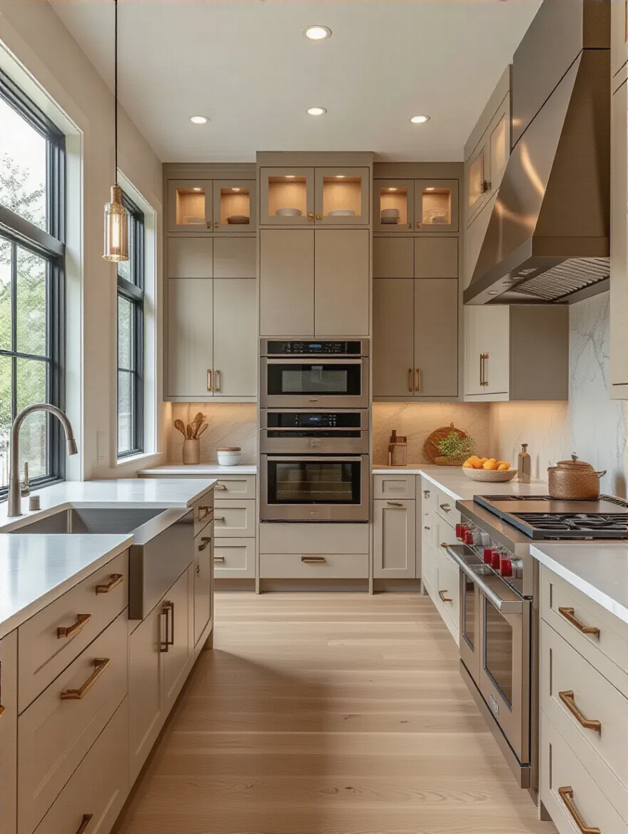 Portrait of a contemporary kitchen with integrated smart storage panels and hidden organizers