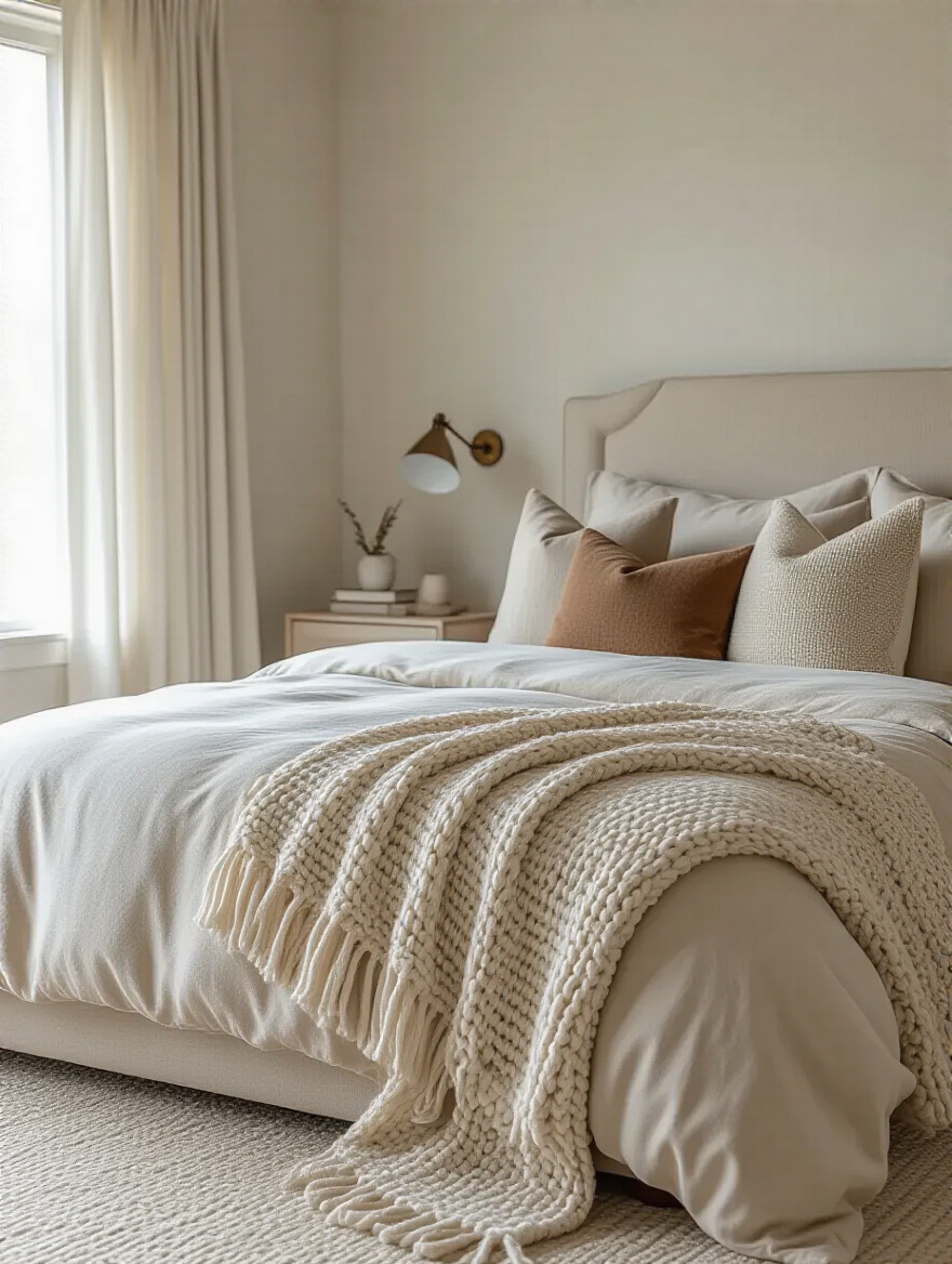 Bed with layered throws and decorative pillows in a cozy, serene bedroom