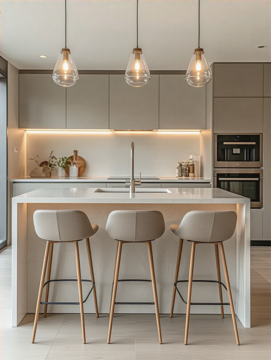 A contemporary kitchen featuring a large island with three stylish bar stools, serving as statement seating for casual dining and gatherings. The space is illuminated by natural light and overhead pendant fixtures.