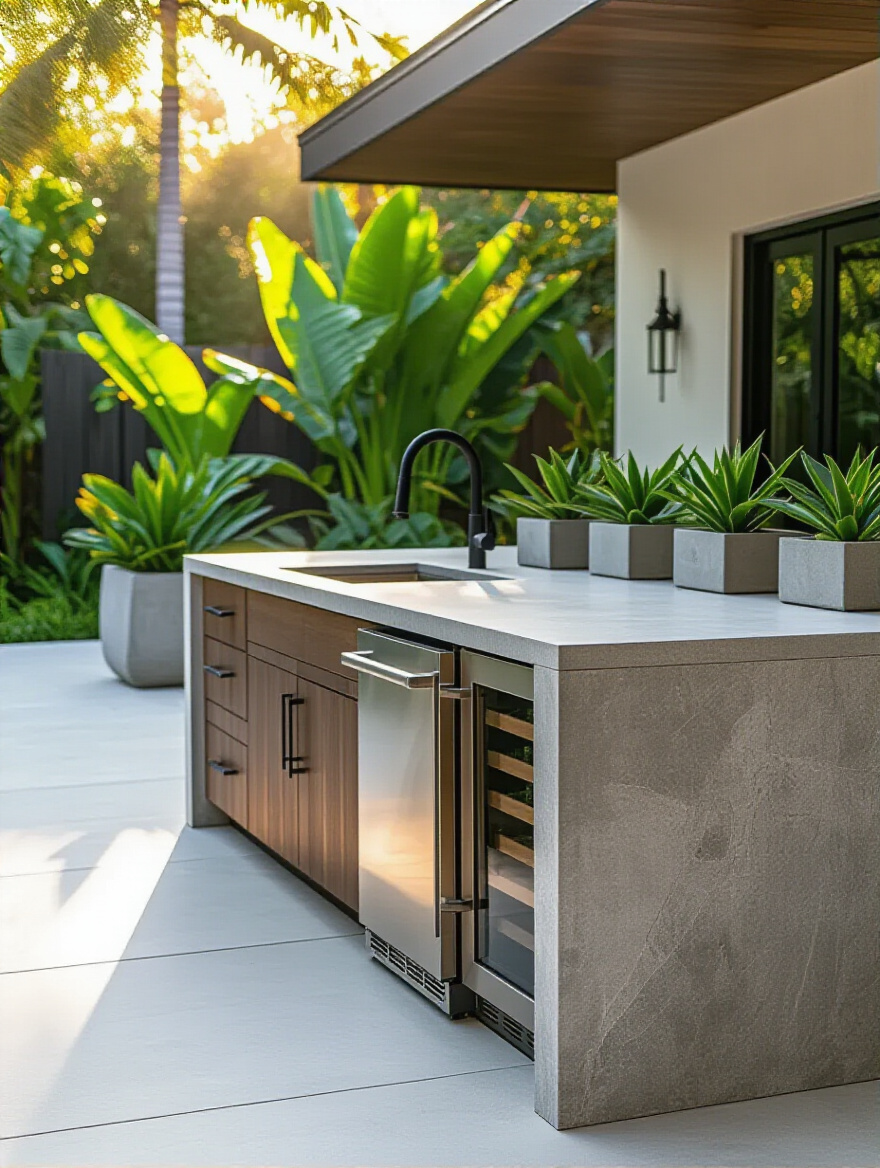 Stylish stainless steel outdoor refrigerator built into a modern outdoor kitchen island with stone counters and lush greenery.