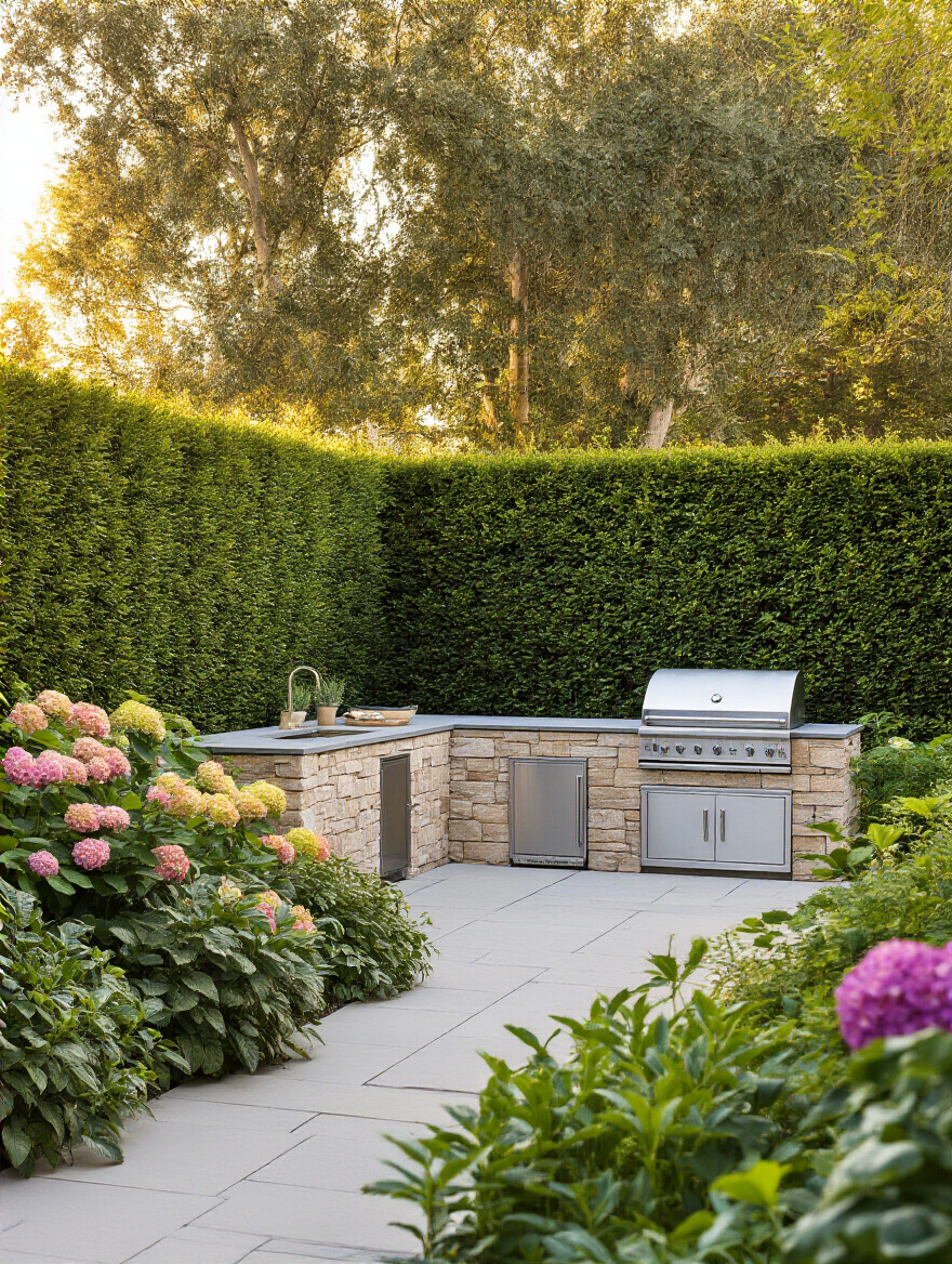 A luxurious outdoor kitchen surrounded by a lush privacy screen of evergreen hedges and vibrant hydrangeas, creating a secluded and beautiful backyard space.