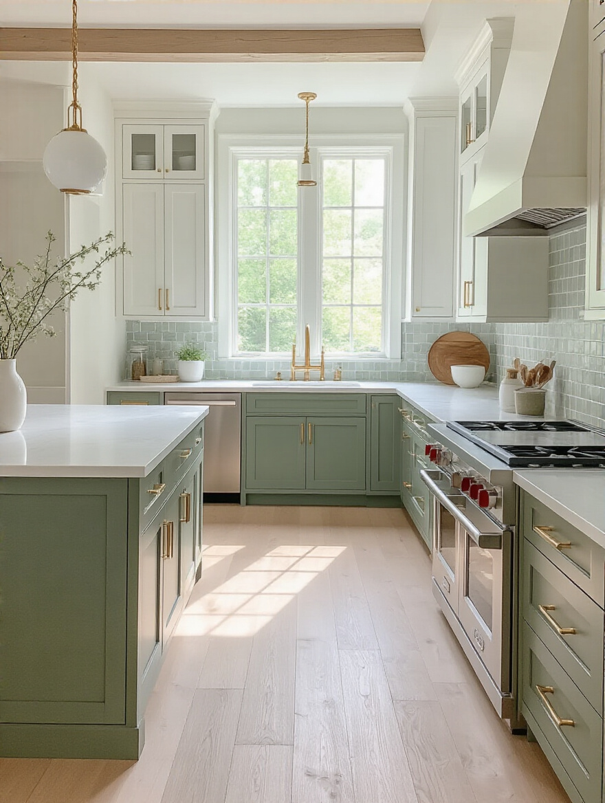 Modern kitchen with a thoughtful sage green and white color palette, featuring brushed brass hardware and white quartz countertops, showcasing inspiring interior design.