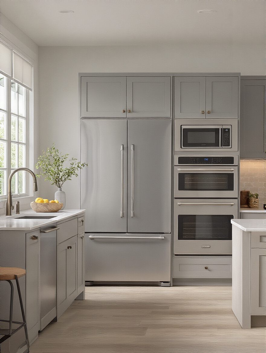 Portrait view of a contemporary kitchen with built-in energy-efficient appliances