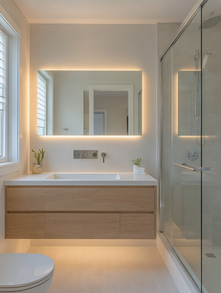 Modern bathroom showing energy-efficient lighting and WaterSense fixtures