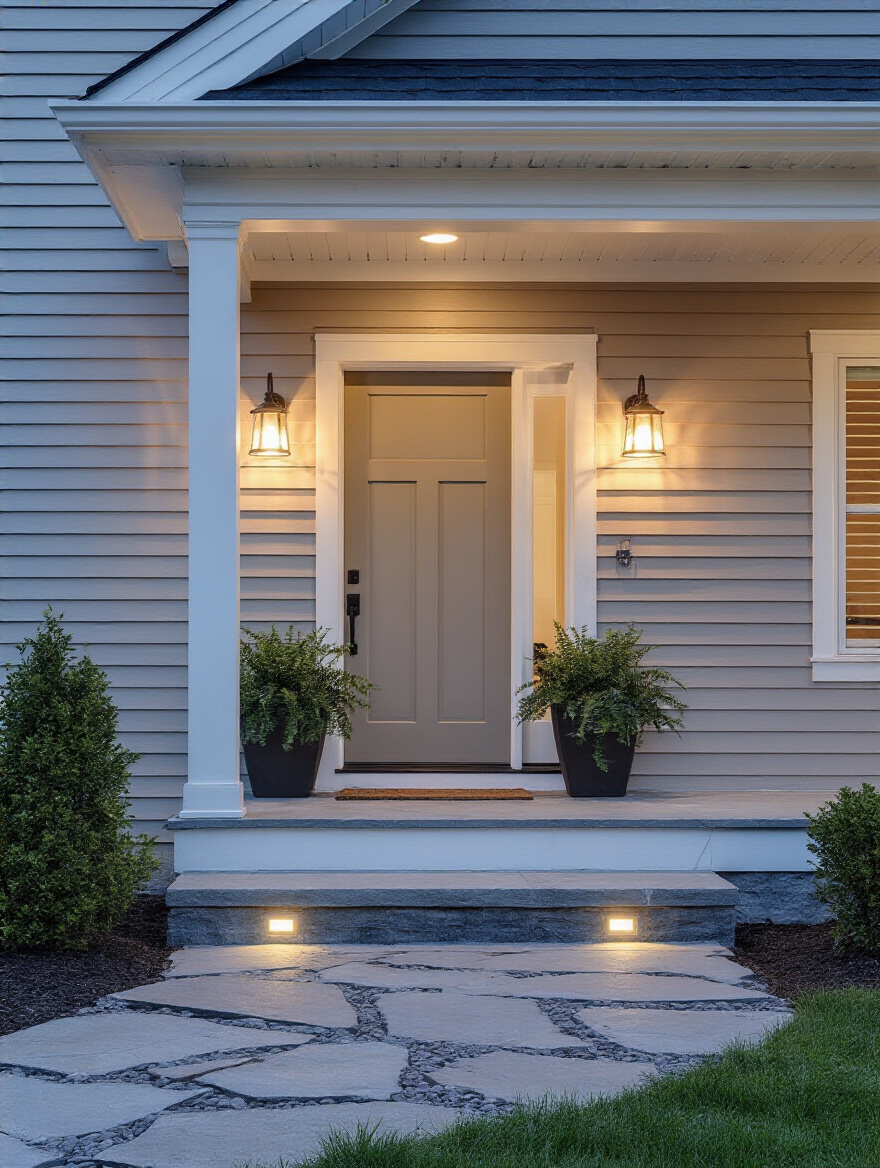 Portrait view of a front porch at dusk with layered lighting and warm glow